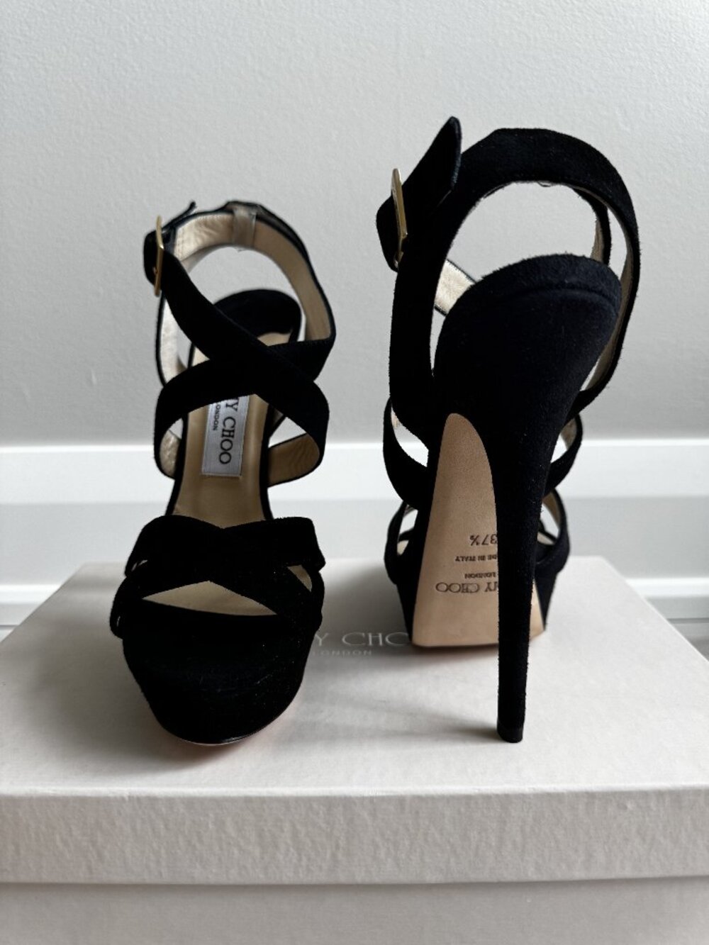 NEW Jimmy Choo Louisa 150 Black Suede Criss-Cross Strappy Platform Sandals 37.5